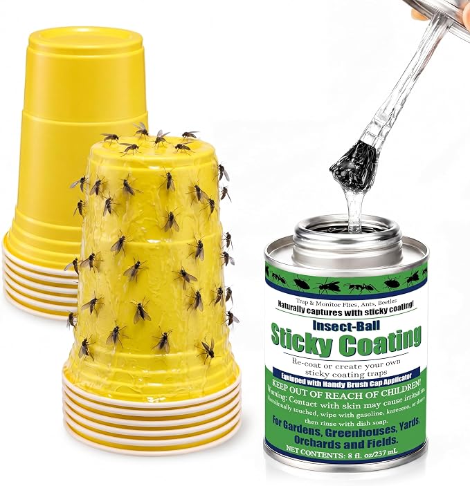 Insect Trap Sticky Coating with Brush and 12 Pcs Plastic Cups, 8 oz Insect Barrier Kit Outdoor DIY Adhesive Coating Pests for Gardens Greenhouses Orchards Plants(Gnat Trap Kit)