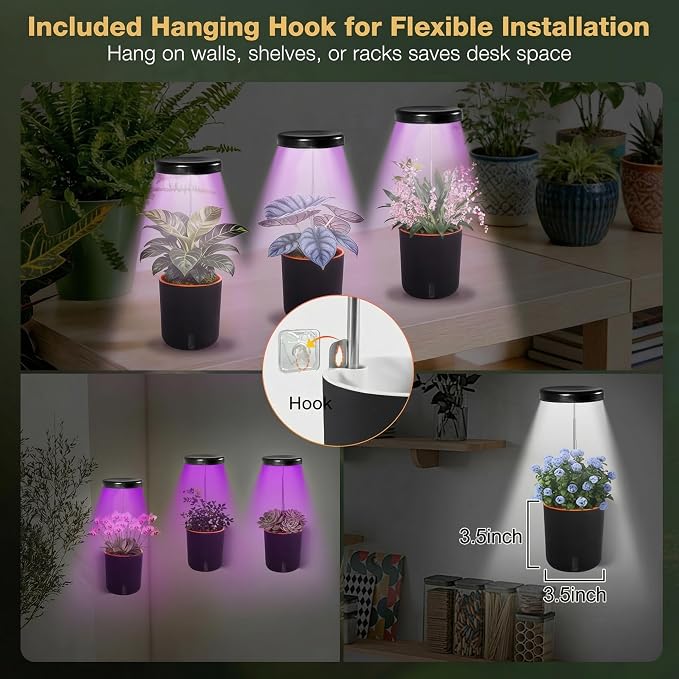 Self-Watering Planter with Grow Light, Smart Indoor Pot for Venus Fly Trap, Carnivorous Plants, African Violet, Cat Grass, Catnip & Herbs, 2-in-1 Wall + Desktop, USB 5W Full Spectrum LED
