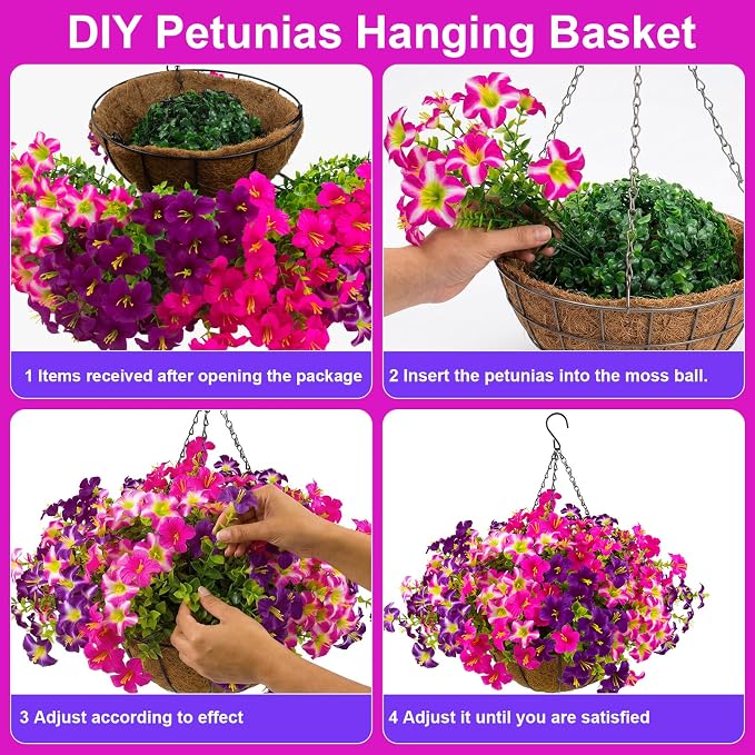 2 Set Artificial Outdoor Petunias Flowers with Hanging Baskets, 24 Pcs UV Resistant Faux Petunias Flowers with Hanging Planter for Front Door Porch Spring Outside Decor (2, RoseRed,RedViolet)