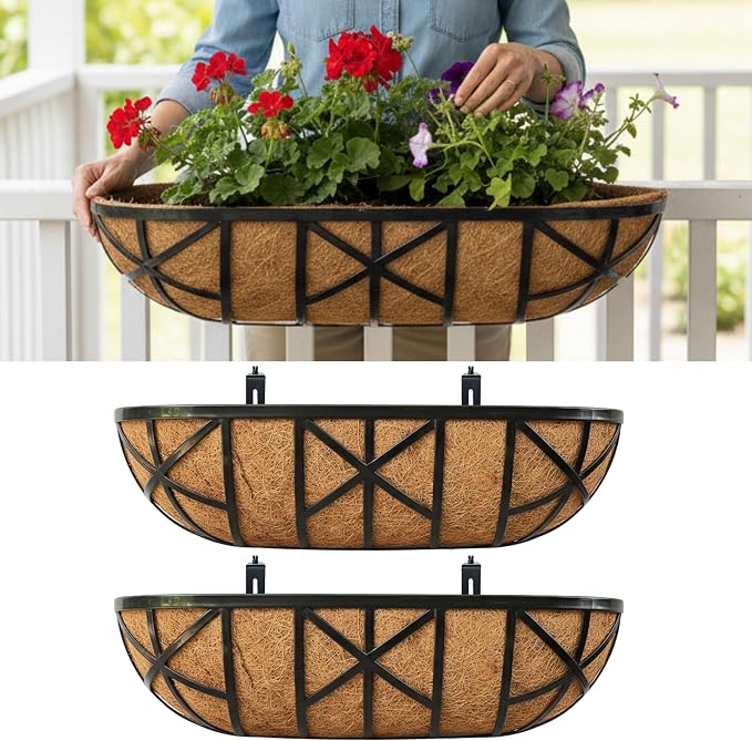 LaLaGreen 24 Inch, 2 Pack Railing Planters with Adjustable Mounting Brackets – Black Metal Window Planter Boxes for Outdoor Gardening, Wall-Mount Flower Pots, Balcony Fence Patio, Porch, Garden