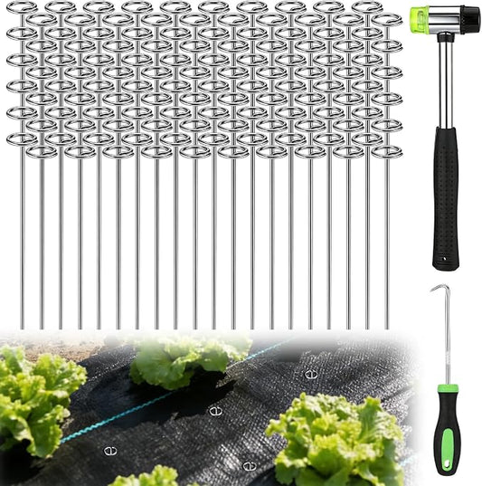 12 Inch Landscape Staples with Hook & Hammer - 120pcs Circle Top Weed Barrier Stakes Kit, 9 Gauge Galvanized Rust-Resistant Garden Fabric Pins, for SOD, Garden Edging, Install & Remove Tools Included