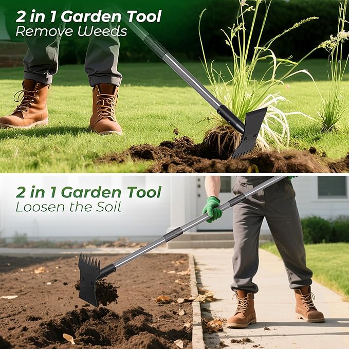 Walensee Weed Puller Tool with 64" Long Handle,2 in 1 Portable Manual Weeder Remover Tool with Weed Rake, Garden Hoe for Weeding, Heavy Duty Uprooting Weed Puller for Yard, Lawn, Garden and Patio