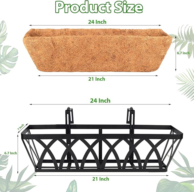 LCHUANG Deck Railing Planter Window Box - 3 Pack 24 Inch Deck Balcony Rail Planter with Coconut Coir Liner, Fence Metal Hanging Flower Planter Basket Deck Railing Planter Boxes for Outdoor Lawn