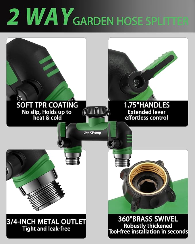 Garden Hose Splitter 2 Way, Heavy Duty Water Hose Spigot Bib Splitter, Outdoor Faucet Splitter with Shutoff Valve, T Adapter Connector with 3/4 - Inch GHT Thread (Green)
