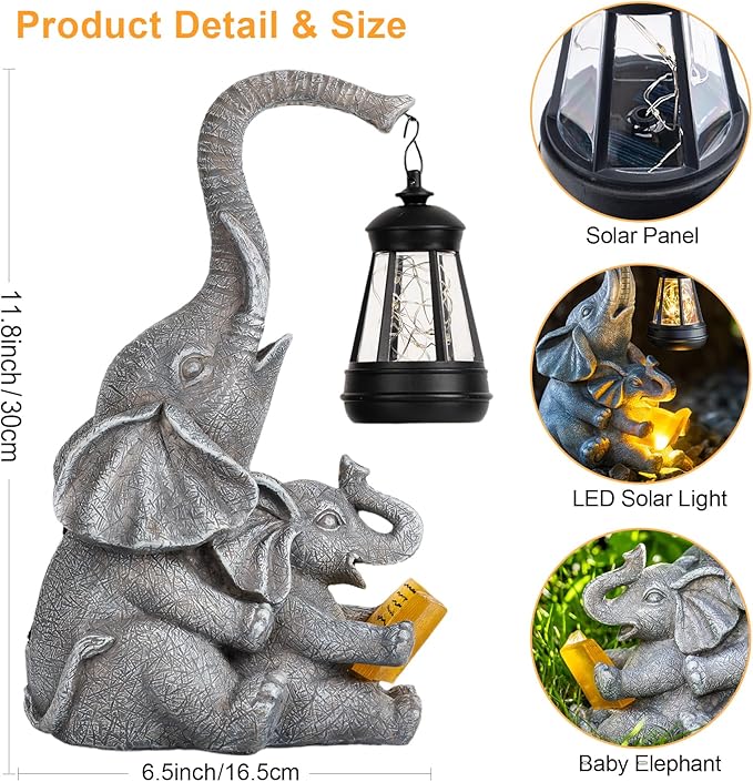 Candieslife Solar Elephant Garden Statue with Lantern, Outdoor Resin Elephant Figurine Lights for Yard Patio Porch Lawn, Weather-Resistant Garden Decor Sculpture, Gifts for Mom Women Grandma