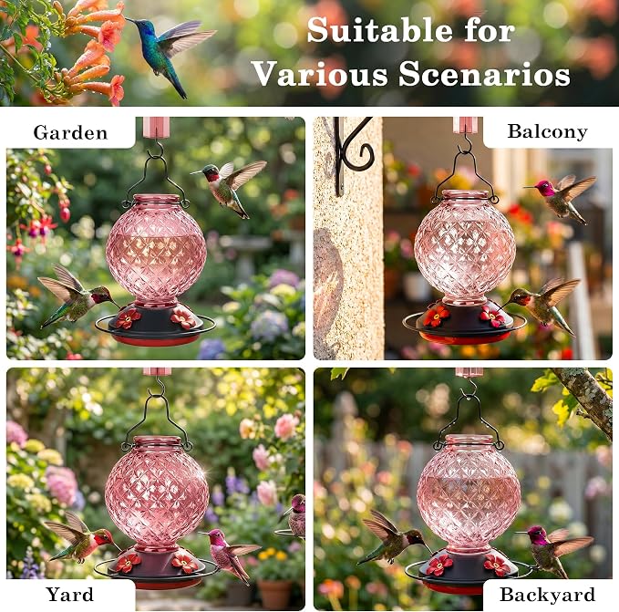 25 OZ Glass Hummingbird Feeder for Outdoors, Leak Proof Hummingbird Feeder with Ant Moat, 4 Bee Resistant Feeding Ports, Easy Clean Wide Mouth Design, 360° Perch, Hanging Nectar Feeder, Pink