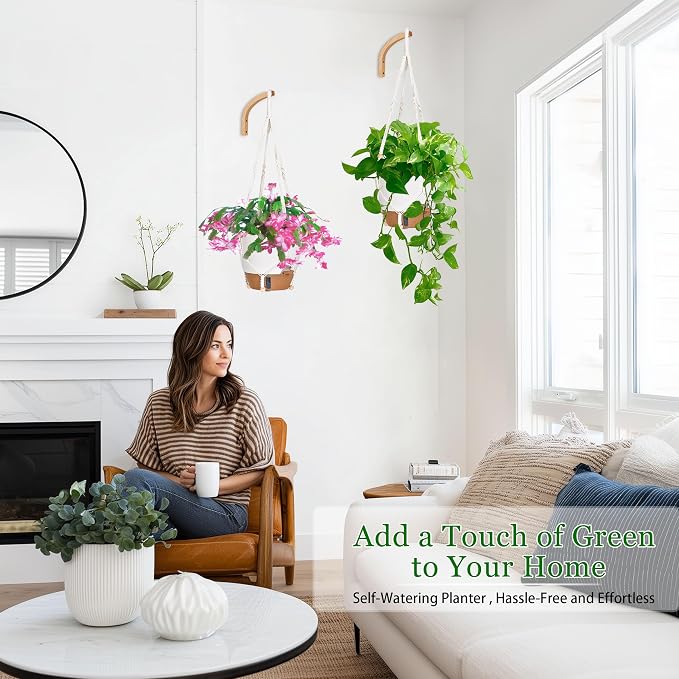 10 Inch Self Watering Hanging Planters, 2 Pack Plastic Flower Pots with Visible Water Window, Drainage Holes, Metal Chain & Macrame Hangers for Indoor & Outdoor Plants, White