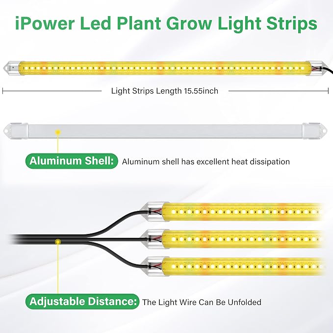 iPower 40W LED Grow Light Strips for Indoor Plants with Auto ON/Off 3/9/12H Timer 10 Dimmable Levels 48 LEDs Per Tube Sunlike Grow Lamp for Hydroponics Succulent, Yellow