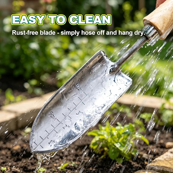 Berry&Bird 4" Measuring Transplanting Trowel, Stainless Steel Garden Hand Shovel with Ash Wood Handle & Leather Hanging Loop, Heavy Duty Gardening Tool for Digging, Planting, Potting & Loosening Soil