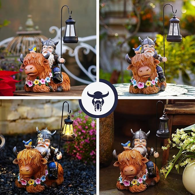 Garden Gnome Outdoor Statue Highland Cow Decor for Yard Patio Lawn Porch Birthday Gifts for Women Men, Mother’s Day, Housewarming with Solar Light Gnome Decor for Outside
