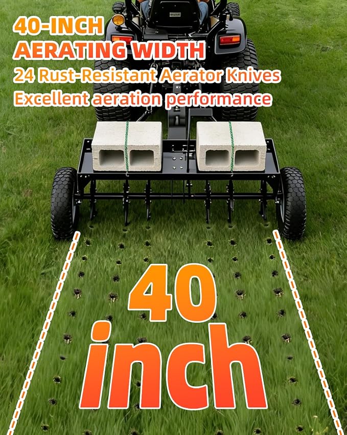 40" Tow Behind Aerator, Pull Behind Lawn Aerator Tool with Universal Hich, 24 Rust-Proof Knives & Heavy-Duty Tires, Plug Aerator for Yard & Garden Compacted Soil, Fits Lawn Tractors, ATV, UTV, Black