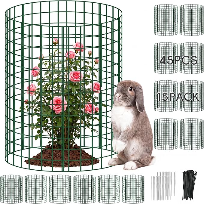 15 Packs Plant Protectors from Animals, 45Pcs 12"x 16" Large Metal Wire Mesh Garden Plant Cages for Outdoor Gardening, Chicken Wire Cloche Plant Cages for Rabbits with Zip Ties & Stakes(Green)