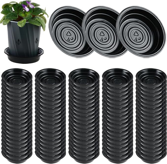 100 Packs 4 Inches Large Plant Saucers for Indoor Outdoor Use Heavy Duty Plastic Plant Plate Dish for Planter Bulk Round Flower Pot Drip Trays to Catch Water 4 to 20 Inch, Black