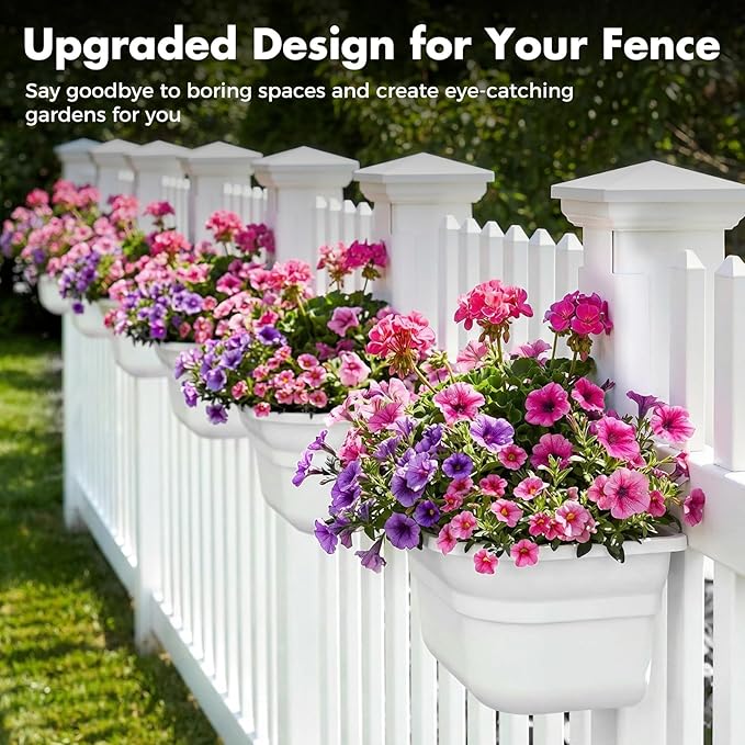 Hanging Planters for Outdoor Plants - Fence Hanging Planters for PVC Fence, Plant Hangers Hanging Plant Flower Pots White with Post Caps for Garden Yard Decor, Easy Install - 4 Pack