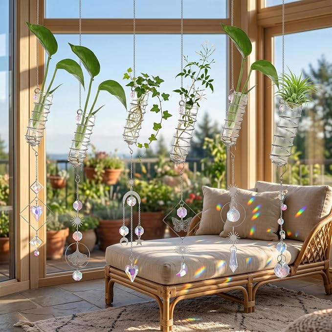 H&D HYALINE & DORA 6 Pcs Hanging Glass Propagation Stations with Crystal Suncatchers Glass Wall Planters for Indoor Plants Hydroponics Mini Test Tube Flower Vase with Metal Chain for Home Decor