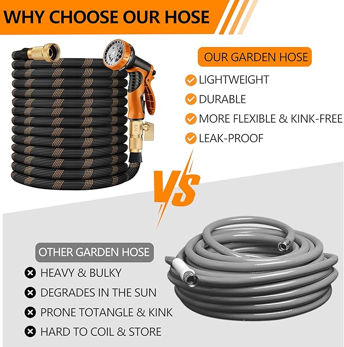 Flexible Garden Hose 75 FT, Ultra Lightweight Water Hoses w/10 Function Sprayer and 3/4" Brass Fittings, Kink-Free, Sturdy, Abrasion Resistant for Yard, Lawn, Outdoor and Gardening(Black Orange)