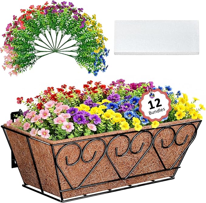 Halatool Railing Planter Box with Artificial Flowers, Metal Window Box with Coconut Liners & 12 PCS UV-Resistant Colorful Faux Flowers for Porch Patio Balcony Windowsill All Season Home Decor (16 in)