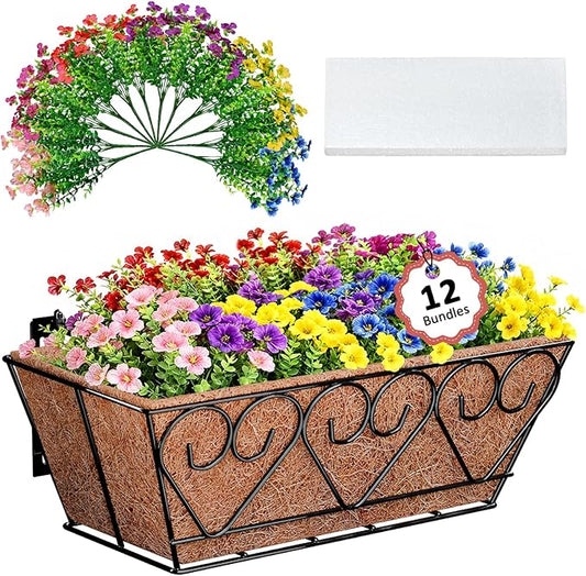 Halatool Railing Planter Box with Artificial Flowers, Metal Window Box with Coconut Liners & 12 PCS UV-Resistant Colorful Faux Flowers for Porch Patio Balcony Windowsill All Season Home Decor (16 in)