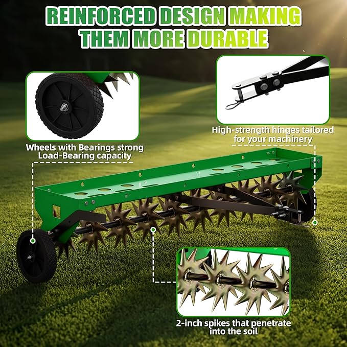 48" Spike Aerator Tow Behind, Lawn Aerator Tow Behind with Universal Hich, Green Galvanized Steel and Includes a Pallet Capable of Supporting 280 Pounds, Pull Behind Aerator for Garden, Farm and Lawn