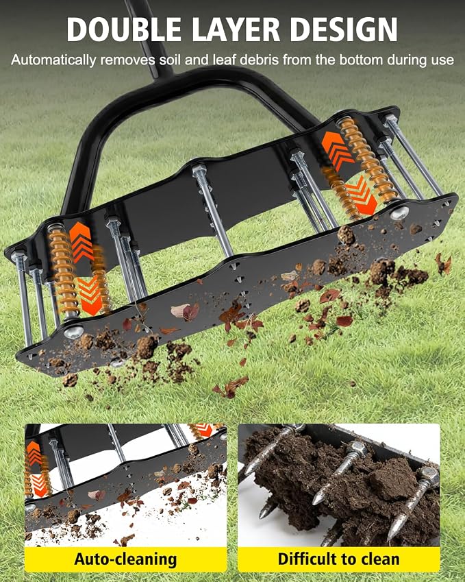 Lawn Aerator Spike Tool - 17 Iron Spikes with T-Handle for Yard and Garden | Dirt Clean & Double-Layer Spring, Manual Soil Aerator, Metal Grass Aerator with Gloves for Lawn Soil Loosening