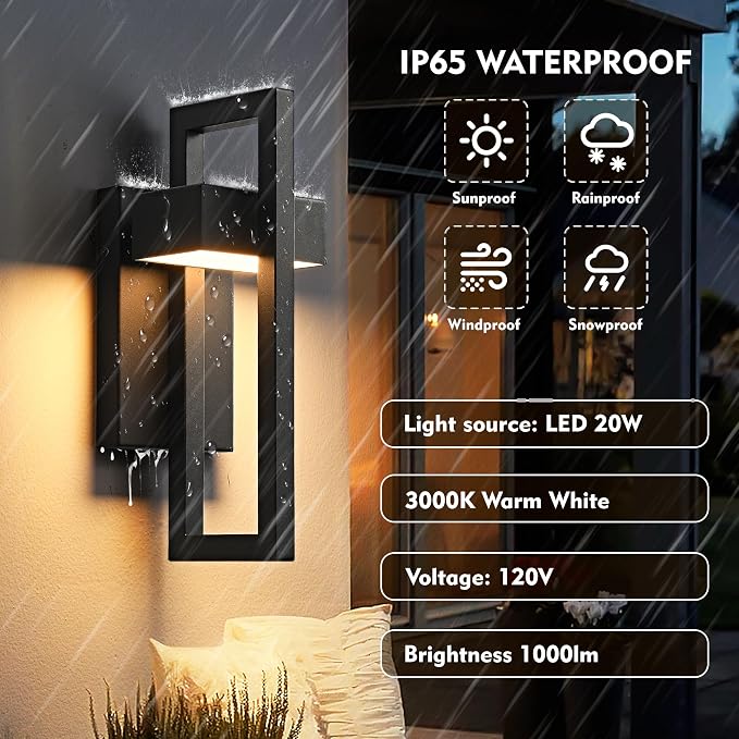 Outdoor Wall Lights Modern LED Exterior Lighting Fixtures, 3000K 20W Outdoor Wall Sconce for Porch, Matte Black Outside Wall Mount Lights for Front Door House Garage Indoor 2 Packs