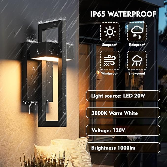 Outdoor Wall Lights Modern LED Exterior Lighting Fixtures, 3000K 20W Outdoor Wall Sconce for Porch, Matte Black Outside Wall Mount Lights for Front Door House Garage (1pack)
