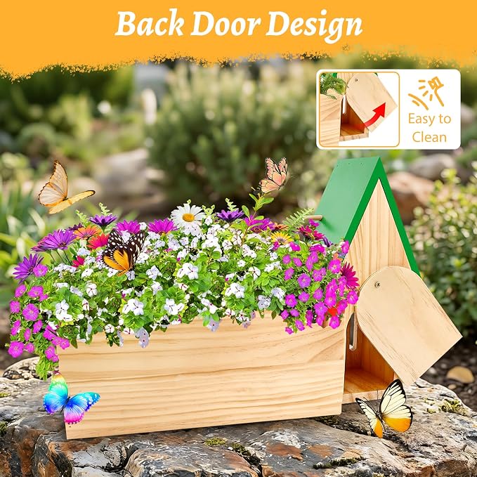 Butterfly House and Feeder with Flower Pot for Outside, 3-in-1 Wooden Butterfly House for Garden, Natural Butterfly Habitat with Butterfly Puddler for Garden Decor