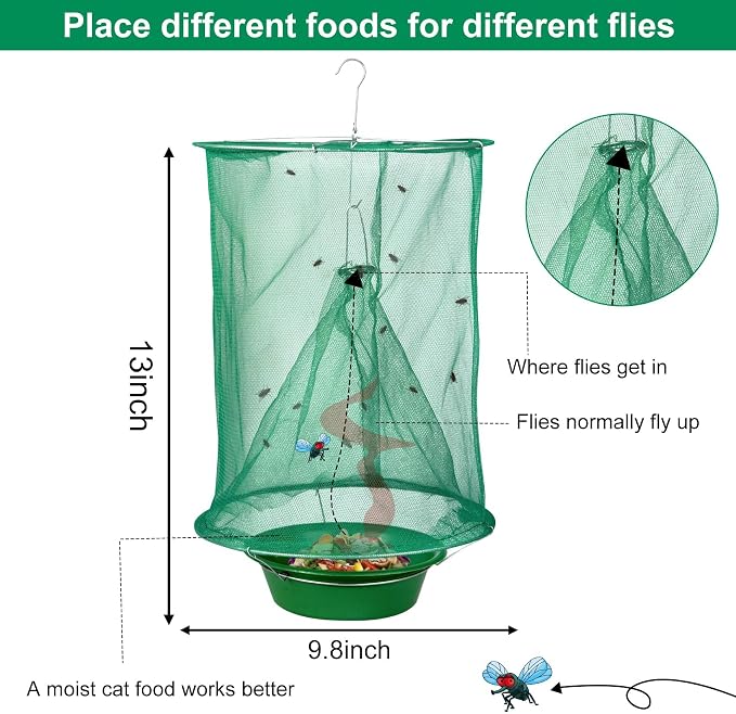 8 Pack Ranch Fly Traps Outdoor Hanging, Reusable Stable Fly Hunter Catcher Cage with Food Bait Tray, Flies Control Killer Repellent for Barn, Orchard, Farm, Horse, Patio