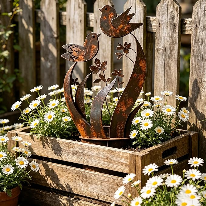 Bird & Wildflower Metal Garden Stake, Rustic Outdoor Decorative Stake, Weatherproof Metal Garden Art for Yard Lawn Patio Planters, Decorative Ornament Gift for Garden Lovers (1pcs)