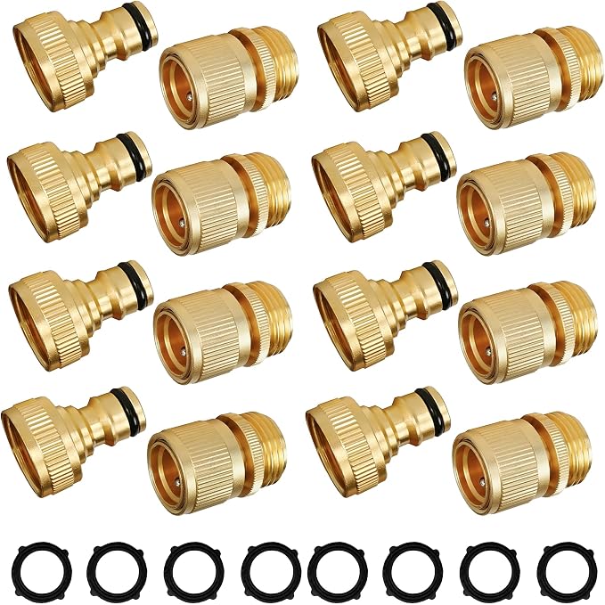 Hourleey Garden Hose Quick Connect, 8 Set Solid Brass 3/4 Inch GHT Thread Garden Hose Quick Connect Fittings, No-Leak Male and Female Water Hose Quick Release Connectors