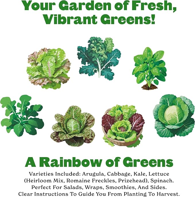 Epic Gardening: Eat Your Greens Seed Kit - 7 Heirloom & Non-GMO Varieties for Fresh Salads & 6-Cell/6 Seedling Starter Trays - Black: Plant Starter, Easy Growing, Eco-Friendly, Perfect for Beginners