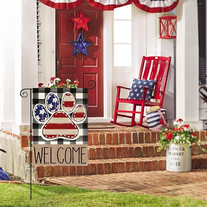 AVOIN colorlife American Flag Paw Print Patriotic 4th of July Garden Flag 12x18 Inch Double Sided Outside, Welcome Buffalo Plaid Yard Outdoor Decoration