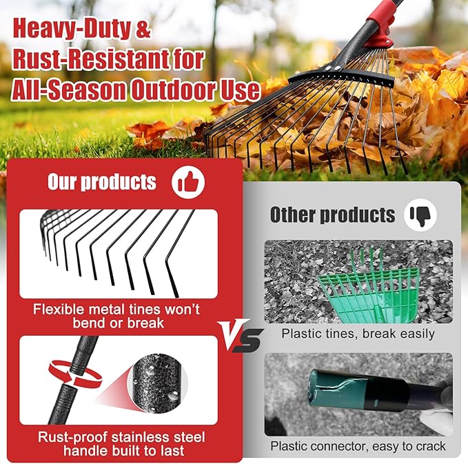 Adjustable Leaf Rake - Metal Garden Rake with 8"-17" Expandable Head, 58" Long Handle, Lightweight Collapsible Design for Leaves & Pine Needles,Lightweight for Flower Beds,Yard, Shrubs,Camping