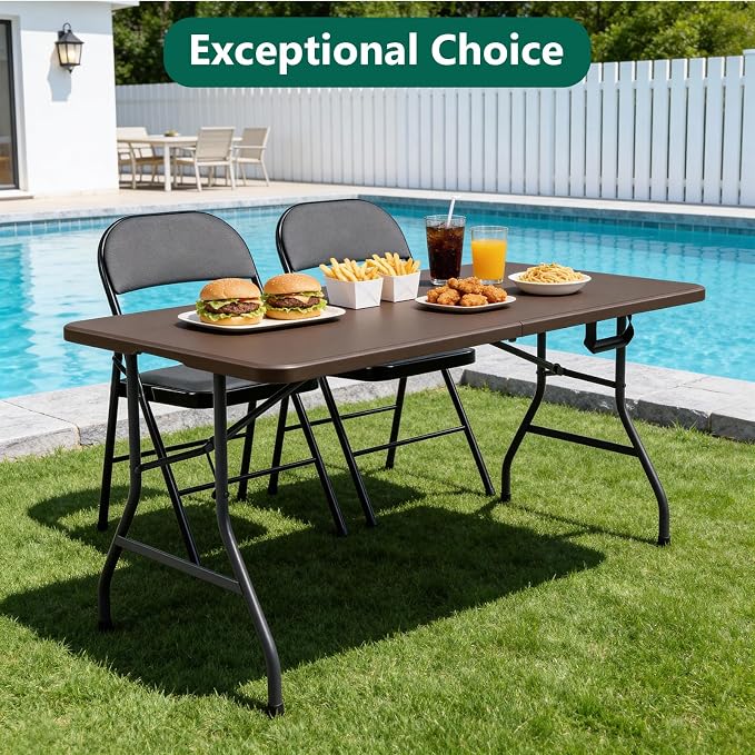 2 Pack Folding Table 5ft - Heavy Duty Plastic Table with Handle, Foldable & Portable, Fold-in-Half Utility Tables for Outdoor, Dining, Wedding, Events, Indoor, Picnic, Camping, Party (Brown)
