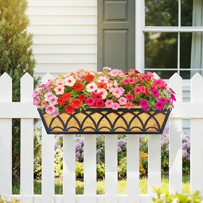 30 Inch Railing Planter Box Window Boxes Planters - 2 Pack Deck Railing Planter Boxes with Adjustable Brackets Coco Liners Balcony Planters Railing Hanging for Window Flower Boxes Outdoor Garden Decor