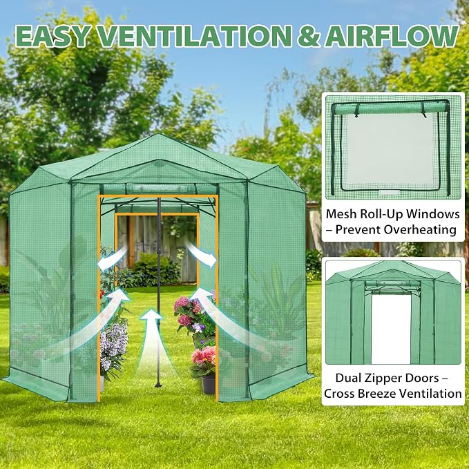 EAGLE PEAK 8.5x8.5 Portable Walk in Greenhouse, Pop Up Indoor Outdoor Greenhouse, Green House Kit with Zippered Roll-Up Doors and Windows, Hexagon Design, PE Cover, Clear/Green
