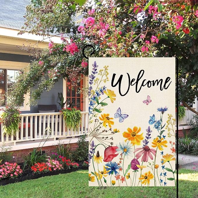Baccessor Spring Summer Garden Flag Welcome Floral Leaves Double Sided Yard Flag Heavy Duty Seasonal Flowers Butterfly Outdoor Outside Patio Decoration 12.5x18 Inch