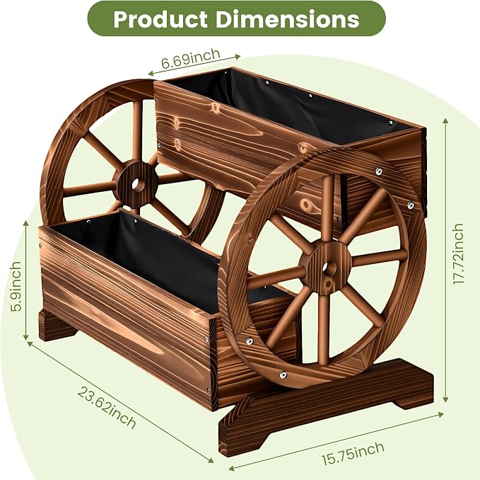 Extra Large Wooden Wagon Planter Box, 24" W 2-Tier Decorative Flower Cart with Wheels, Rustic Raised Garden Bed with Drainage Holes & Non-Woven Liner for Outdoor Plants, Flowers Herbs Vegetables