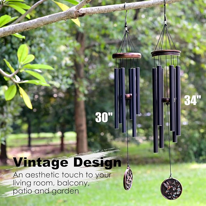 Vanquer Vintage Wind Chimes for Outside Deep Tone - 34'' Wind Chimes Outdoor Clearance, Windchimes Outdoors, Memorial Wind Chimes, Sympathy Gift, Patio, Home Décor, Vintage Black (34" Hummingbird - A)