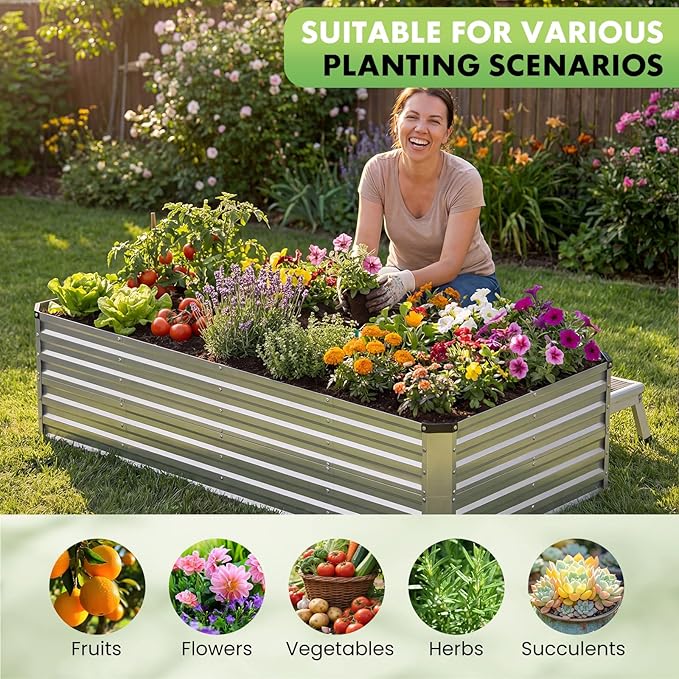 DUMOS Galvanized Raised Garden Bed Outdoor, 8x4x2ft Raised Metal Planter Box, Rust-Resistant Steel Garden Planter, Rectangular Gardening Flower Bed for Vegetables Flowers Herbs, Open Bottom