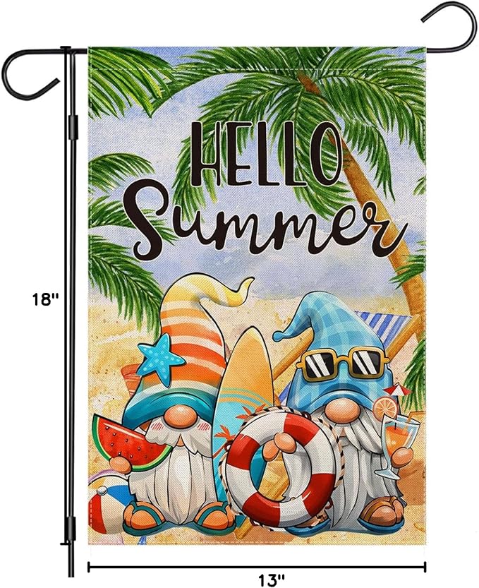 Hello Summer Garden Flags 12x18 Inch Double Sided, Cartoon Gnomes at The Beach Yard Decoration, Small Seasonal Outside Decor for Spring Outdoor Farmhouse Holiday