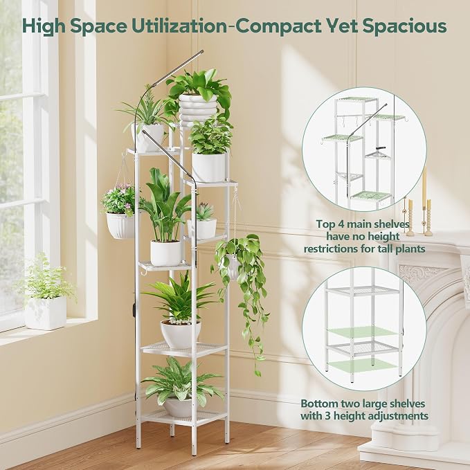 Quikraen 8 tiers Metal Plant Stand with Grow Lights, Tall Lighted Corner Plant Shelf for Indoor Plant Growing,Flower Pot Holder, Plant Rack for Home Decor, Patio (White)
