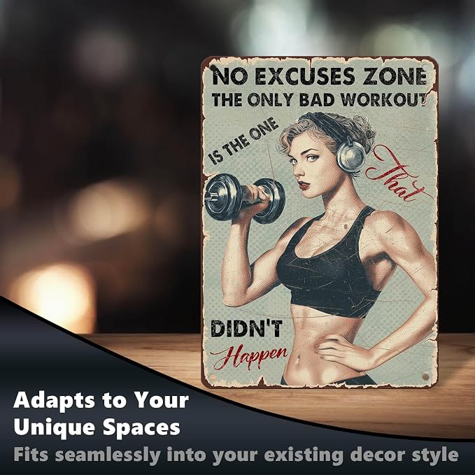 Vintage No Excuses Zone Metal Sign Retro Girl Lifting Dumbbells Fitness Tin Sign Nostalgic Art for Home Gym Personal Studio Wall Decor Living Room Garage Cafe Bar 16 * 12 In