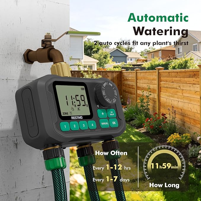 RESTMO Remote Control Brass Sprinkler Timer for Outdoor Hose Faucet 4 Zone, Max 11h59m Programmable Water Timer for Soaker Hose, Misting with Large Dial, Rain Delay/Manual/Automatic Irrigation System