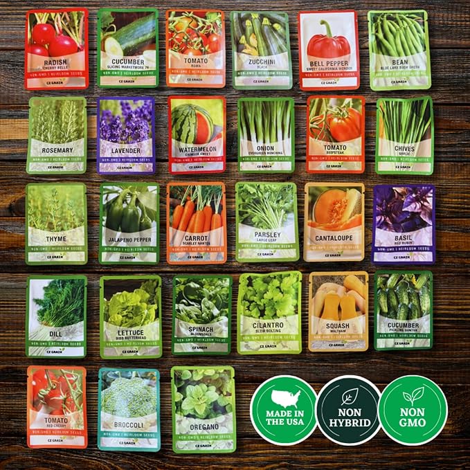 Seed Vault Kit – 30 Variety Heirloom Garden Seed Packets – 16,000+ Non-GMO Seeds for Planting – Survival Garden Starter Set – 30 Plant Markers Included