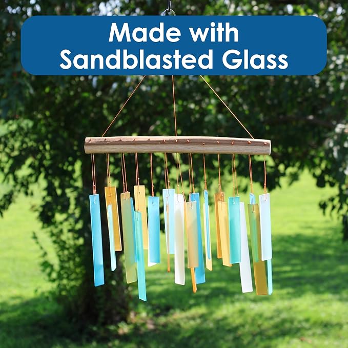 Blue Handworks Caribbean Beach Glass and Driftwood Chime - Sandblasted Glass and Found Wood Hand Crafted Wind Chime