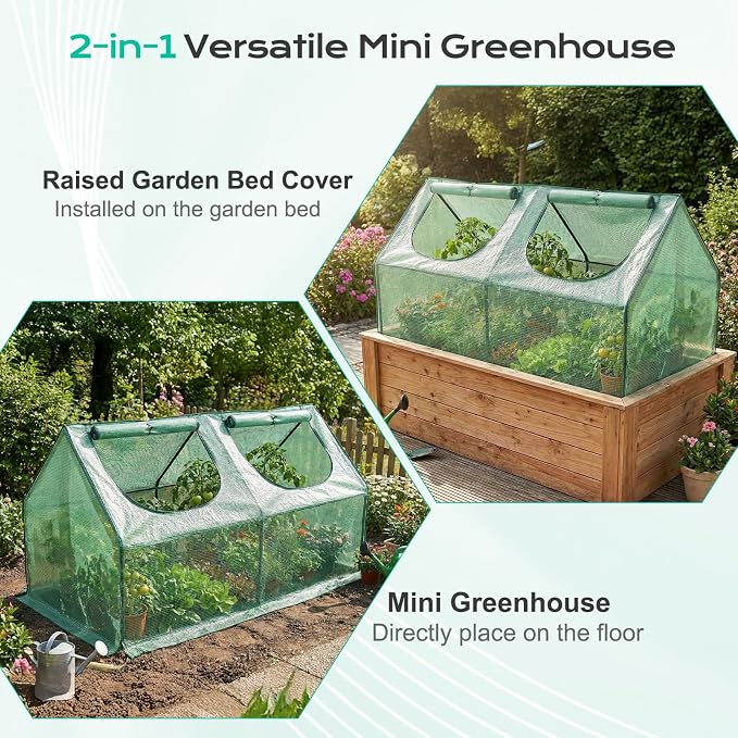 BPS 6x3x3 ft Mini Greenhouse with Green PE Cover Cover UV-Protected Roll-Up Zipper Windows, Ideal for Indoor or Outdoor Use on Raised Garden Beds