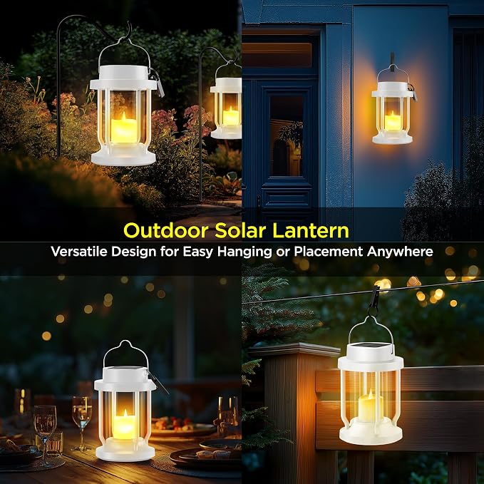Solar Lantern Outdoor & Indoor Use – Hanging Solar Lights with Realistic Flickering Flameless Candle, Weatherproof for Gardens, Patios, Trees, and Lawns (White, 2 Pack)