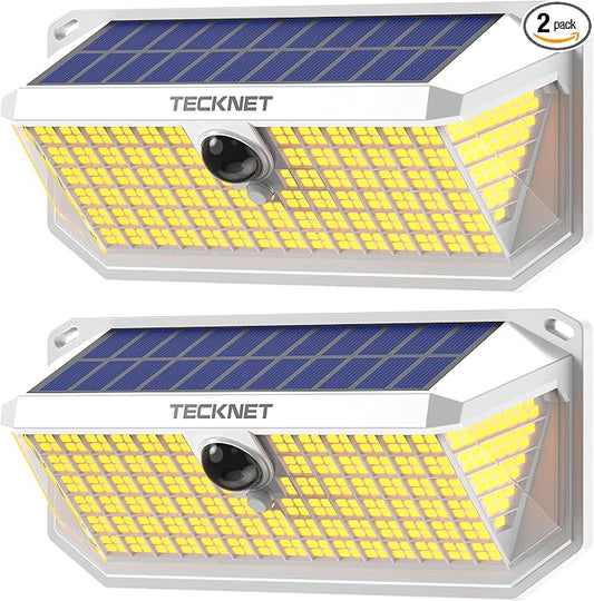 TECKNET 416 LED Solar Powered Outdoor Lights, 300° Angle & 3 Lighting Modes Motion Sensor Light Outdoor, Security Solar Lights Waterproof - 2 Pack, White Color & Warm Light