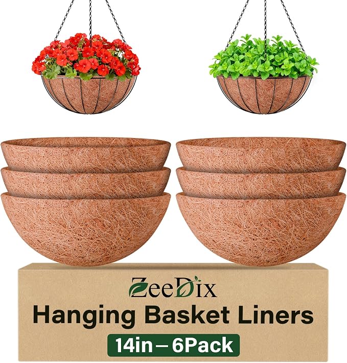 ZeeDix 6 Pack 14 Inch Coconut Liners for Planters, Round Hanging Basket Liners Natural Coco Coir Replacement Liner for Flowers Vegetables Patio Porch Garden Decor